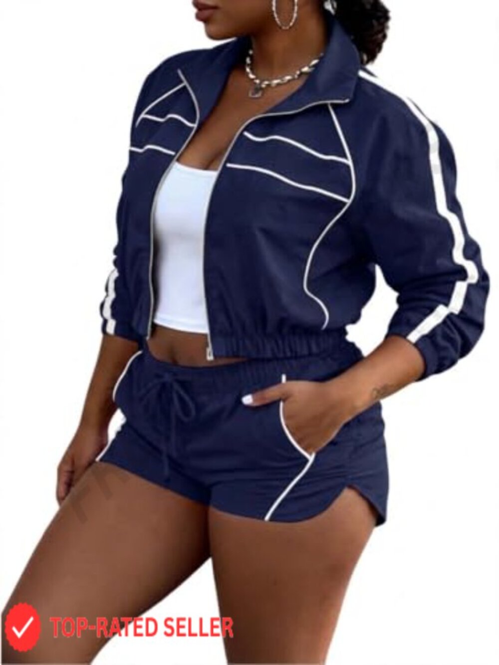 Women's 2 Piece Tracksuit Set Zip Up Cropped Jacket with Biker Shorts